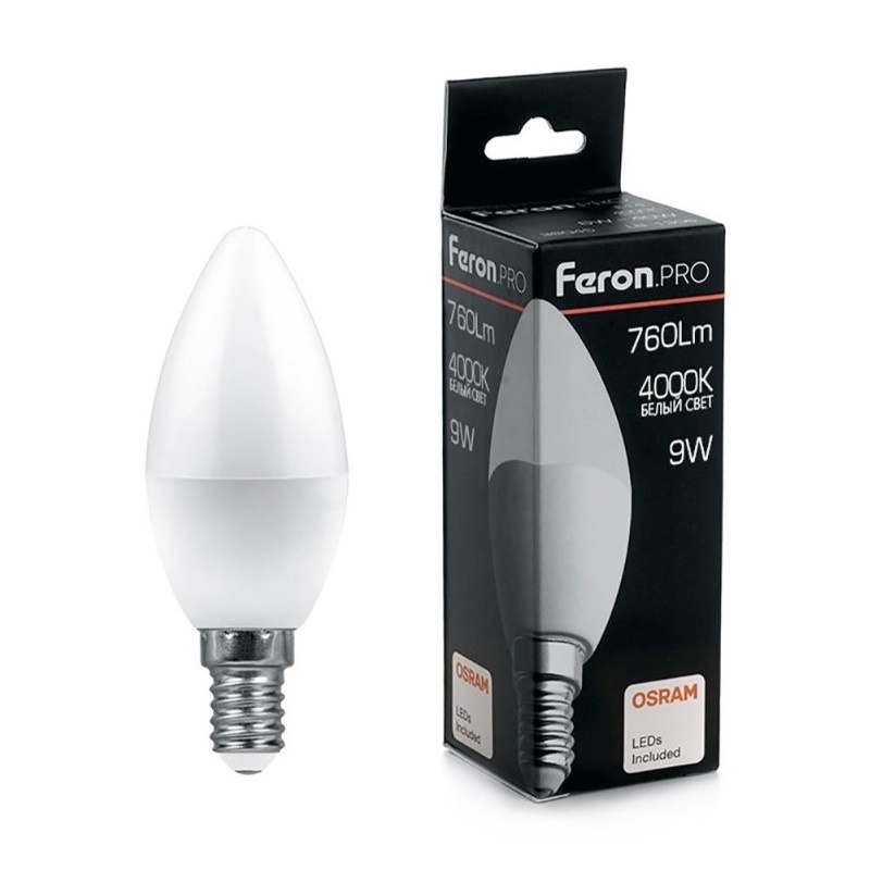 Лампа светодиодная Feron Pro LED E14, свеча, 9Вт, 230В, 4000К, нейтральный свет